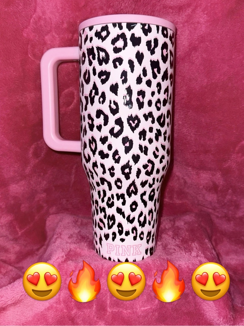 PINK Victoria's Secret Pink and Black Leopard Print Travel Mug with Pink Handle